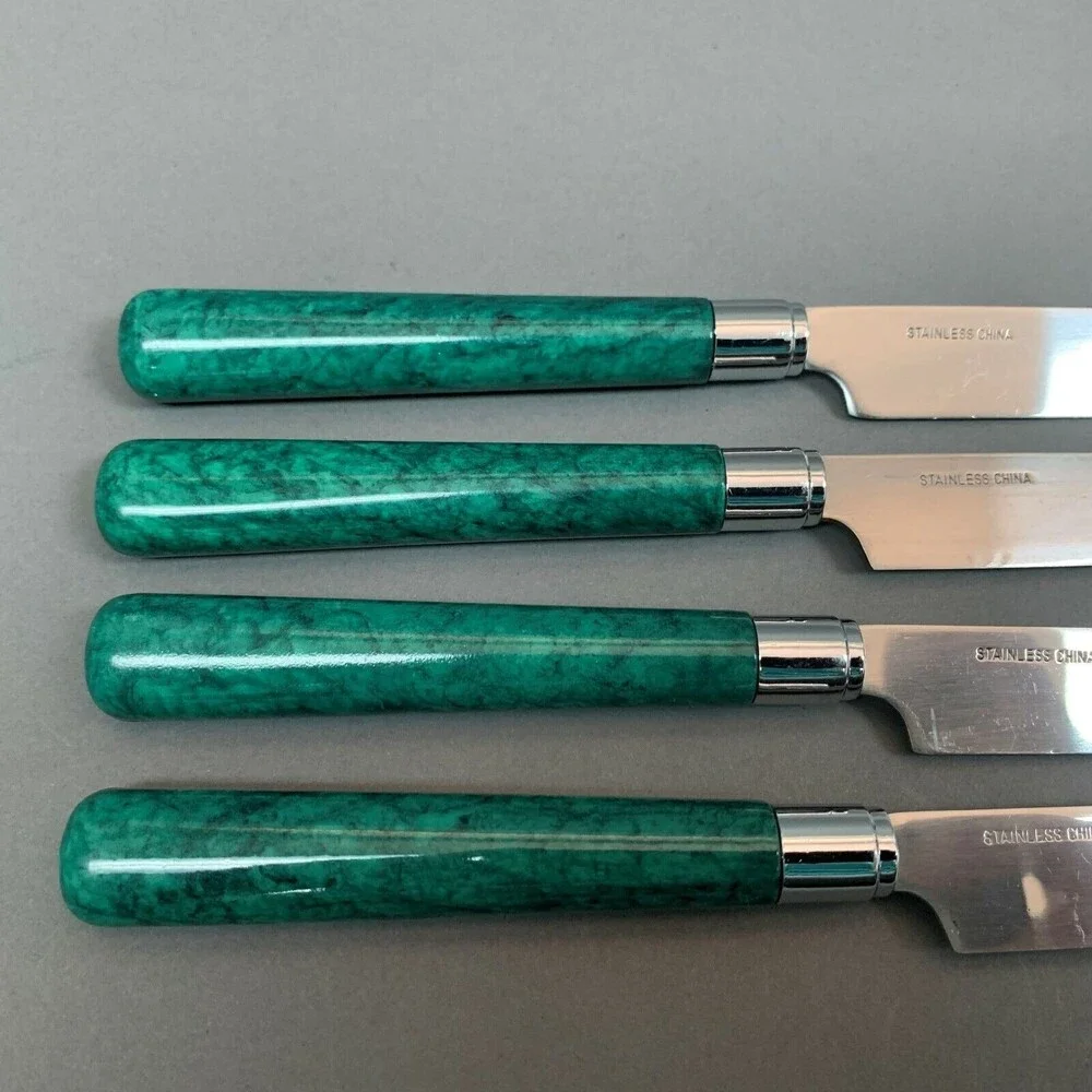 Green Handle 8 3/4 Knives Flatware Lot of 5